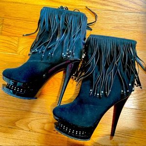 Black fringed high heel boot